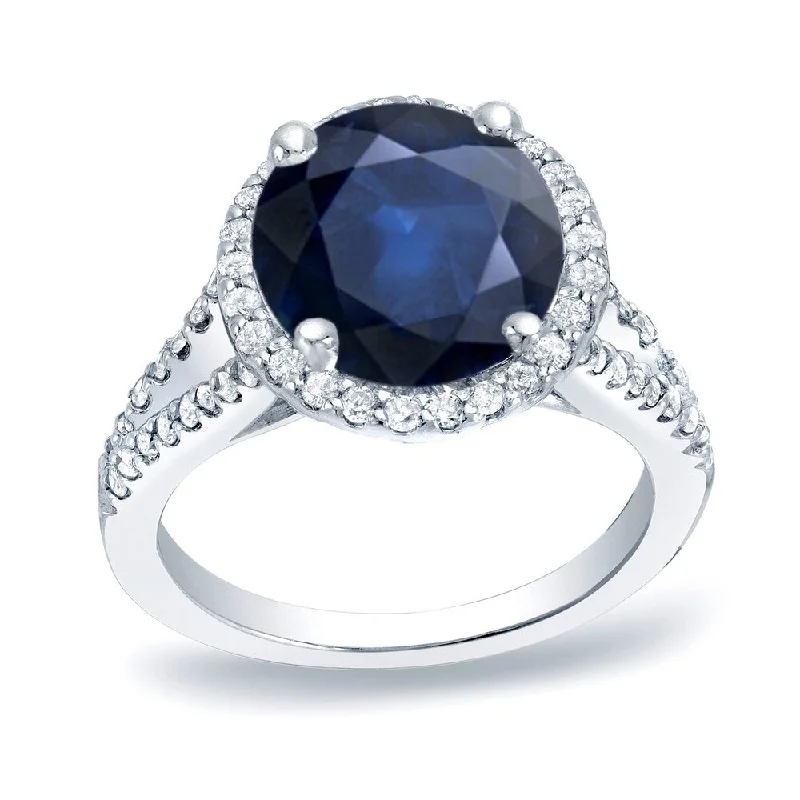 pearl knotted ring-Platinum Round 1 1/5ct Sapphire and 1/2ct TDW Diamond Halo Engagement Ring by Auriya