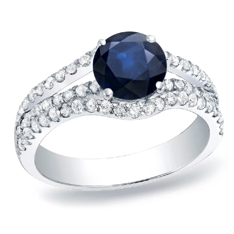 luxurious diamond ring-Platinum Round 1/2ct Blue Sapphire and 5/8ct TDW Diamond Engagement Ring by Auriya (H-I, SI1-SI2)