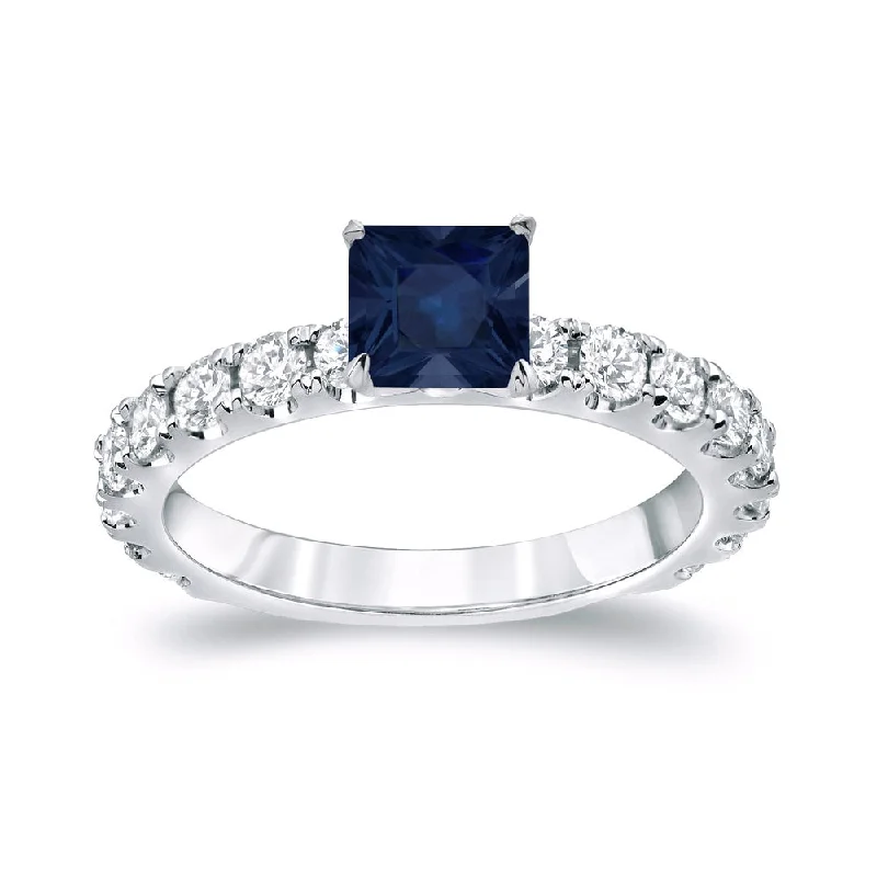 leafy-themed ring-Platinum Round 3/4ct Princess Cut Sapphire and 1ct TDW Diamond Engagement Ring