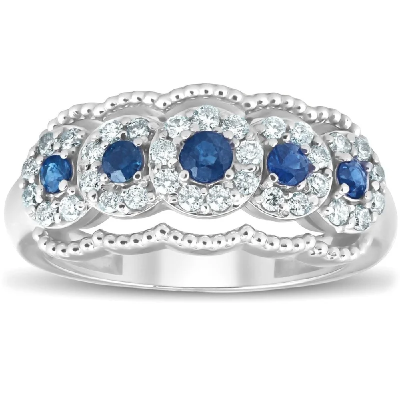 faceted stone ring-Pompeii3 1 CT TW 14k White Gold Blue Sapphire & Diamond Anniversary Ring