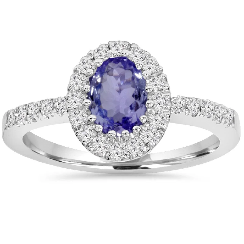 opal stone ring-Pompeii3 10K White Gold 1.00 CT Tanzanite Halo Diamond Ring (I-J,I2-I3)