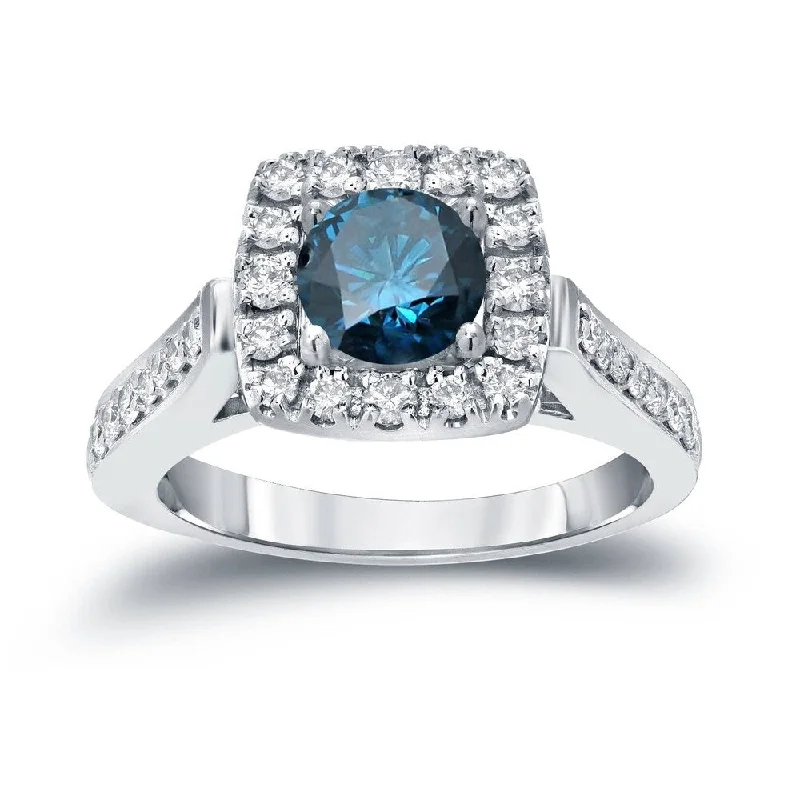 ornate trellis ring-Round 7/8ct TDW Blue Diamond Halo Engagement Ring in 14k Gold by Auriya