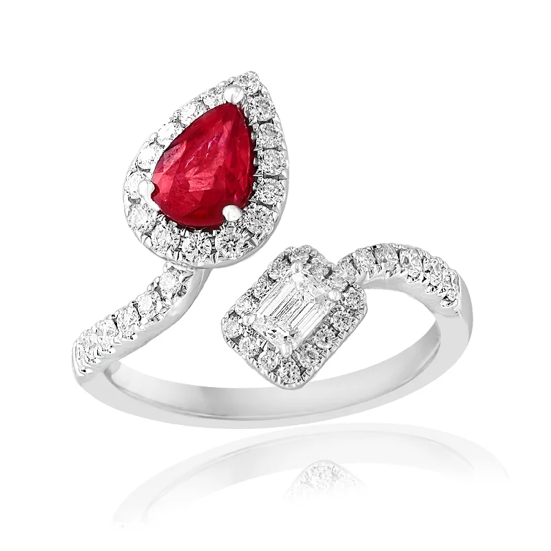 luxurious cocktail ring-Ruby and Diamond Bypass Style Ring in 18k White Gold