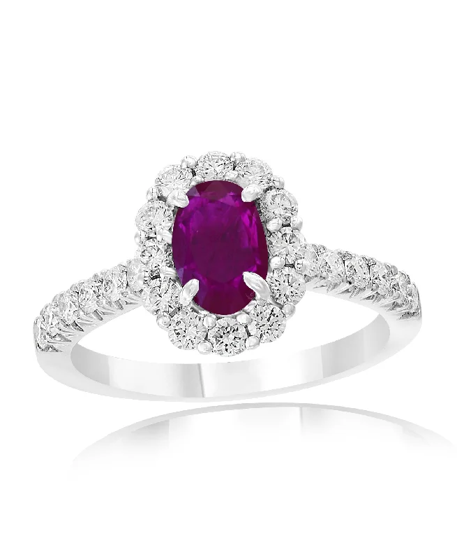 opal stone ring-Ruby and Diamond Halo Ring in 18k White Gold