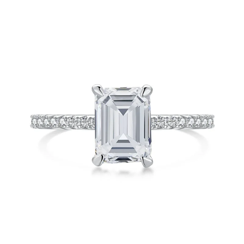 flow-shaped ring-Silver Emerald Cut Diamond Ring