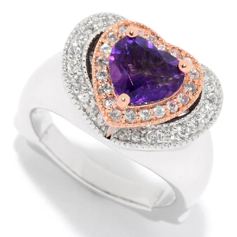 opal stone ring-Sterling Silver African Amethyst Heart Cut & White Zircon Ring - Purple