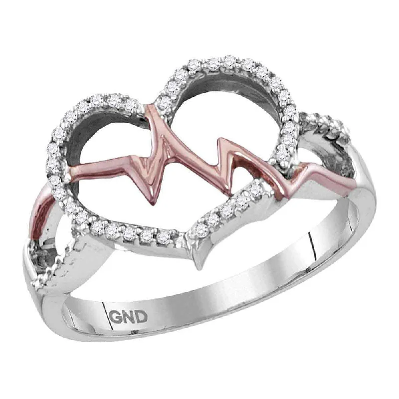 luxurious statement ring-Sterling Silver Rose-tone Womens Round Diamond Heart Heartbeat Love Ring 1/10 Cttw