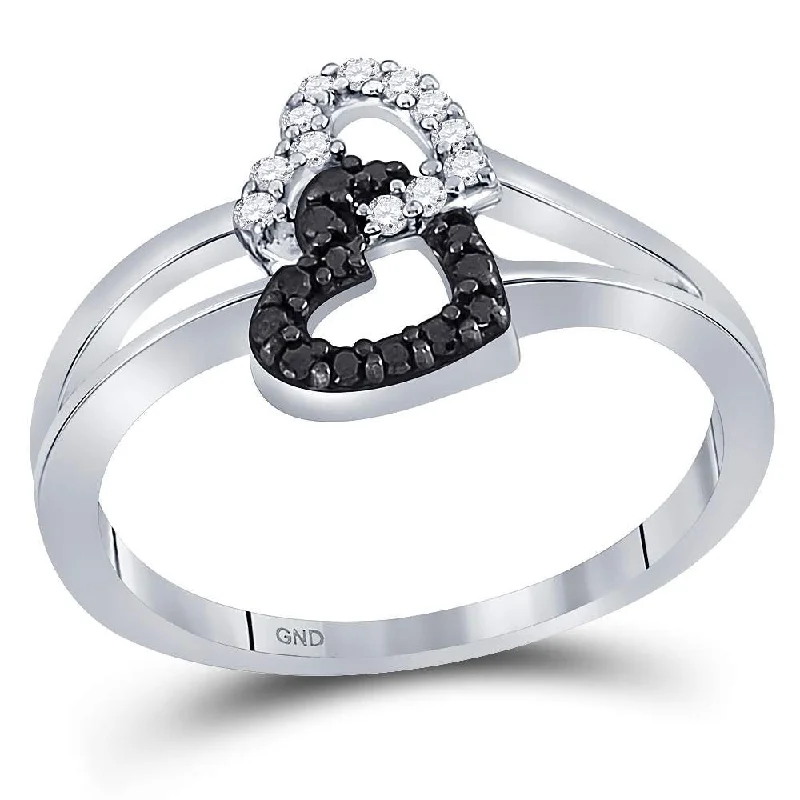 ten-stone ring-Sterling Silver Womens Round Black Color Enhanced Diamond Double Heart Ring 1/6 Cttw - Size 5