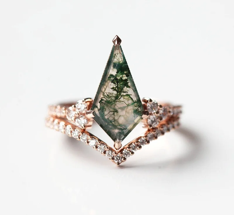 faceted stone ring-Aaliyah Kite Moss Agate And Diamond Ring Set