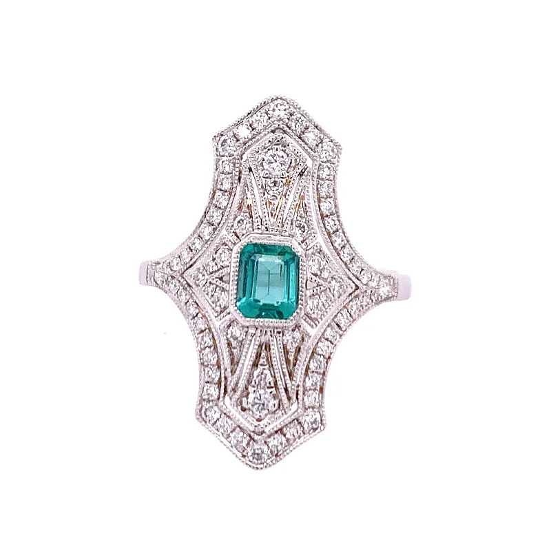 knotted promise ring-Vintage Inspired Emerald and Diamond Ring in White Gold