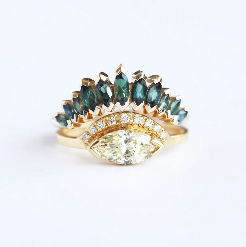 ornate trellis ring-Yellow Champagne Diamond Ring With Teal Sapphire Marquise Crown, Unique Diamond Ring Set