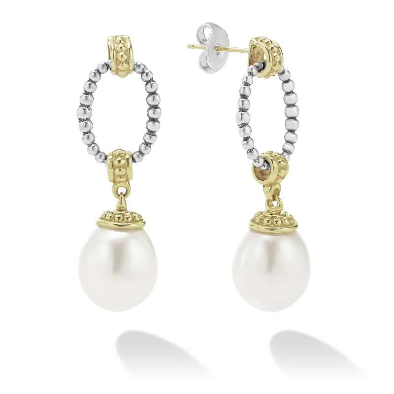 elegant chandelier earrings-Two-Tone Pearl Oval Drop Earrings