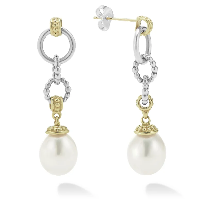 thin stud earrings-Two-Tone Pearl Circle Drop Earrings