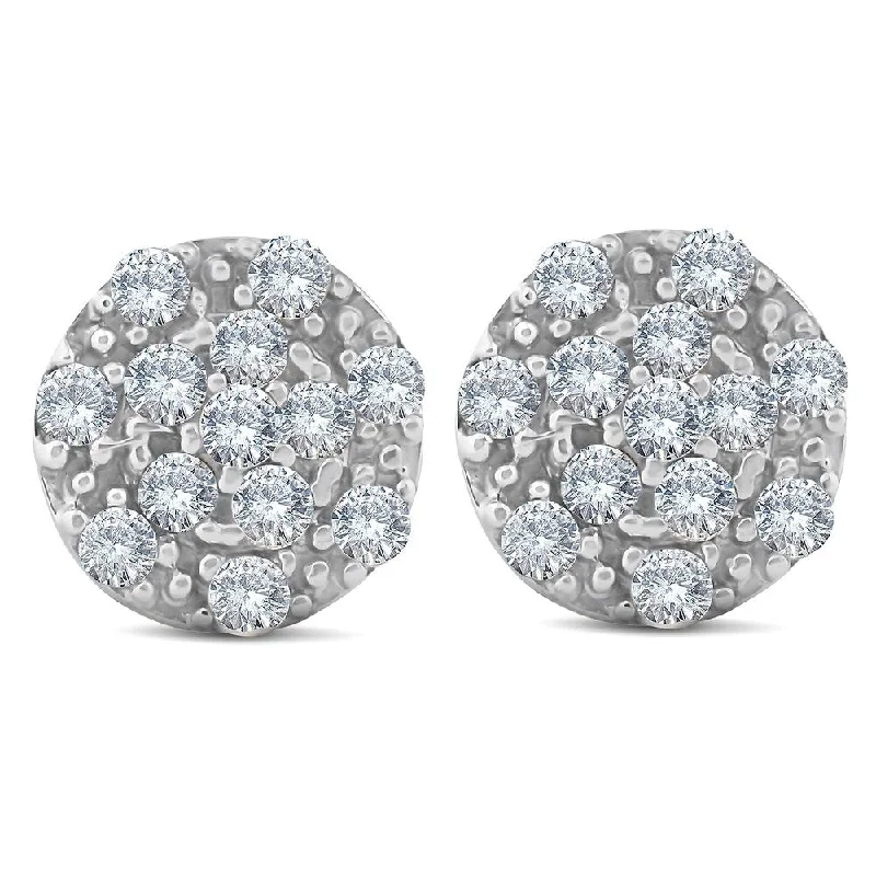 frond stamped earrings-1/3ct Halo Diamond Cluster Studs 10k White Gold 8.5mm