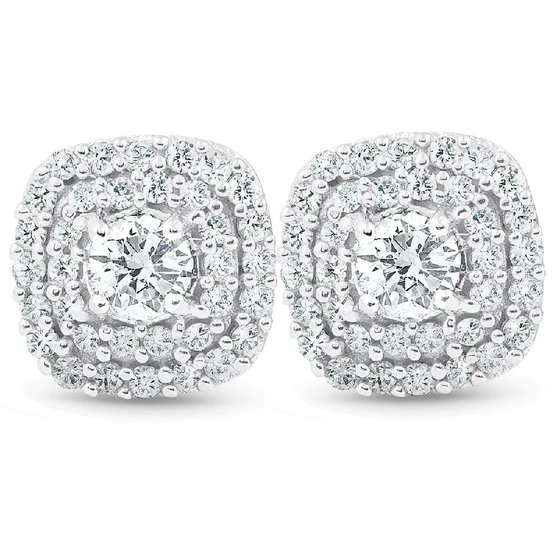 luxurious cocktail earrings-10k White Gold 1/2 Ct TDW Diamond Double Cushion Halo Studs Womens Earrings