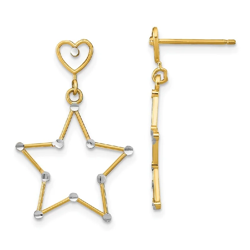 thin gold earrings-14k Gold Diamond-Cut Heart & Star Dangle Earrings (L-26.7 mm, W-16.9 mm)