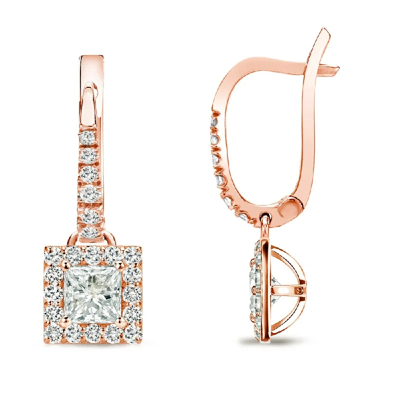 tarnished silver hoop earrings-14k Rose Gold 1/2ct TDW Princess Cut Diamond Halo Dangle Earrings by Auriya