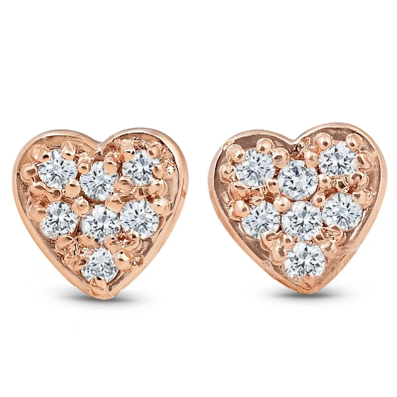 rose gold knotted earrings-14K Rose Gold Diamond Pave Petite Heart Studs Dainty High Polished 5.7MM