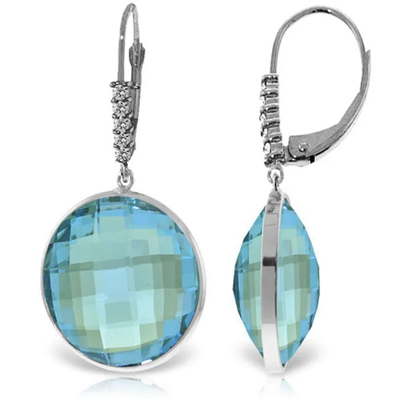 ten-stone earrings-14K Solid Gold Diamonds Earrings w/ Checkerboard Cut Round Blue Topaz