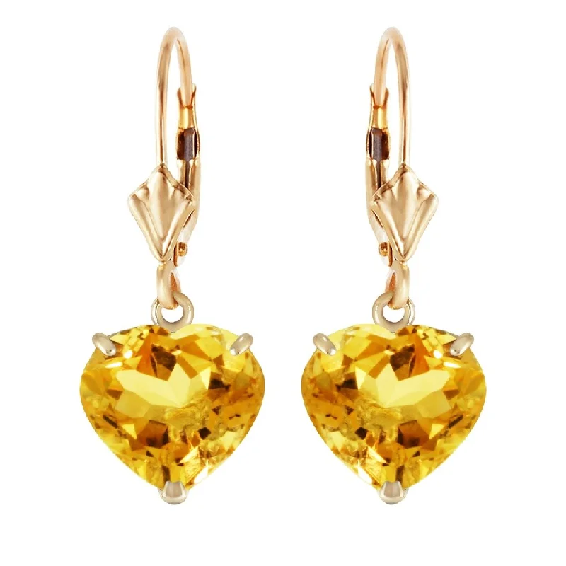 heavy statement earrings-14K Solid Gold Leverback Earrings Natural 10mm Heart Citrines