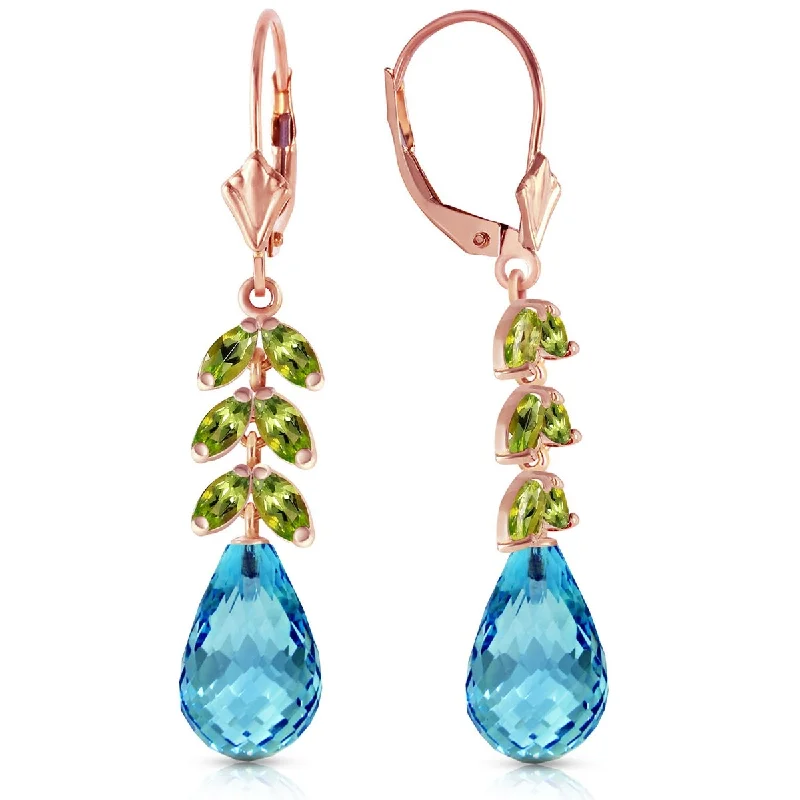 wanderlust turquoise hoop earrings-14K Solid Gold Leverback Gemstone Earrings Peridot & Blue Topaz