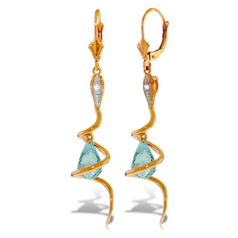 silver braid earrings-14K Solid Gold Snake Earrings w/ Dangling Blue Topaz & Diamonds