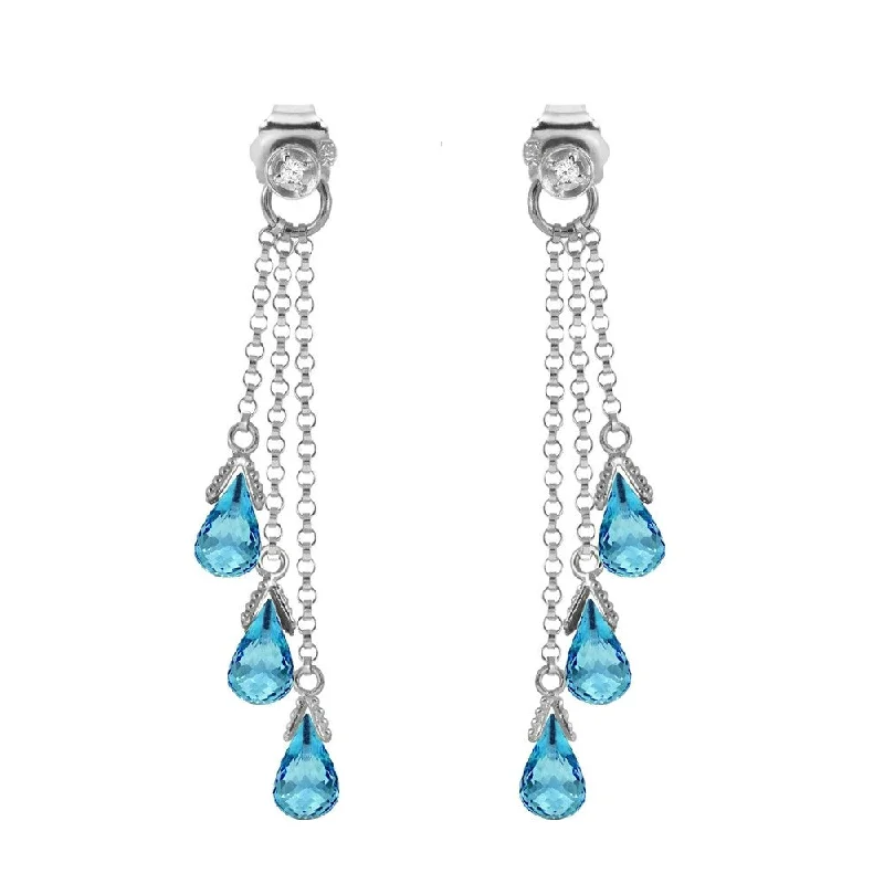 frond charm earrings-14K Solid White Gold Chandelier Earrings with Diamonds & Blue Topaz