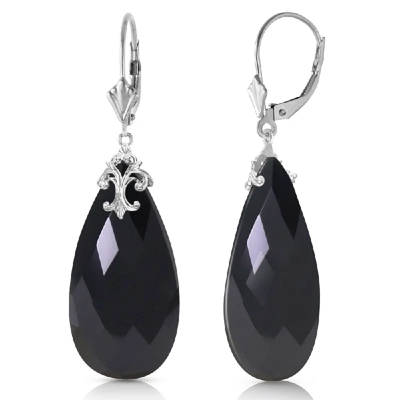 chiseled diamond earrings-14K Solid White Gold Leverback Earrings with Briolette 31x16 mm Black Onyx