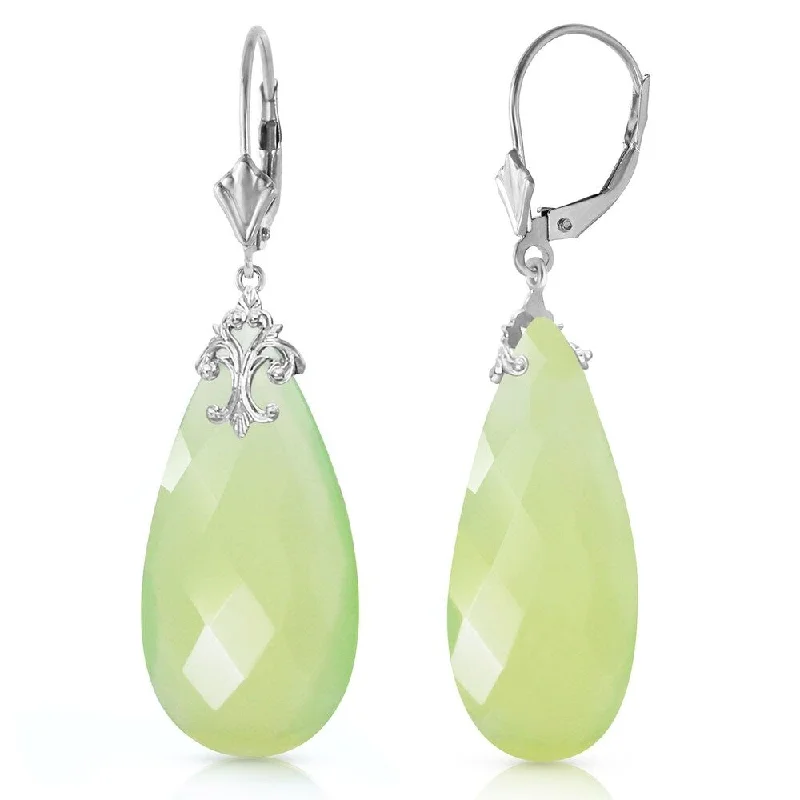 wanderlust aquamarine earrings-14K Solid White Gold Leverback Earrings with Briolette 31x16 mm Prehnite Color Chalcedony