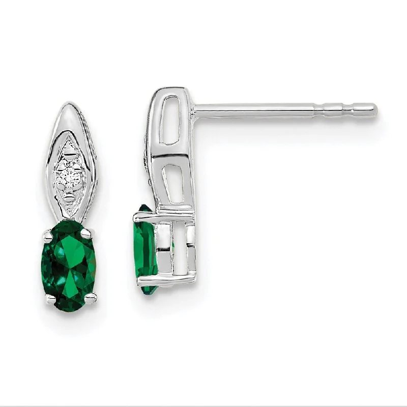 elegant stud earrings-14k White Gold Emerald Diamond Earring (L-12 mm, W-3 mm)