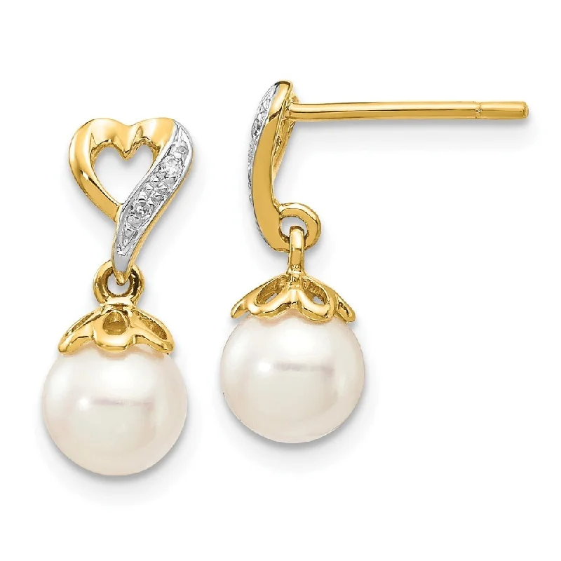 frond hoop earrings-14k Yellow Gold Diamond And 6-7mm Pearl Heart Dangle Earrings (L-14 mm, W-6 mm)