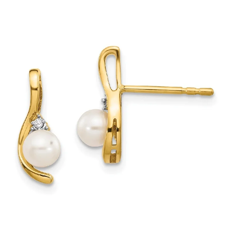 leafy-inspired stud earrings-14k Yellow Gold Diamond And Cultured Pearl Earrings (L-14 mm, W-5 mm)