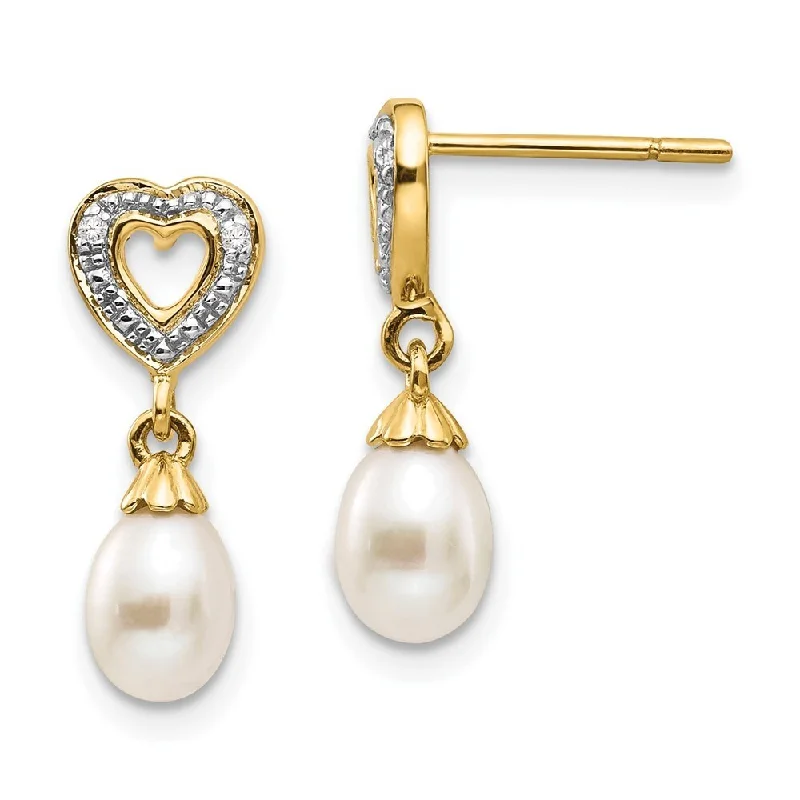 vintage birthstone earrings-14k Yellow Gold Diamond and Pearl Heart Dangle Earrings (L-17 mm, W-6 mm)