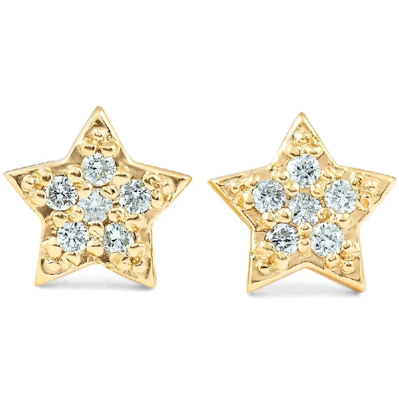 bendable gemstone earrings-14K Yellow Gold Diamond Pave Petite Star Studs Dainty High Polished 6.5MM