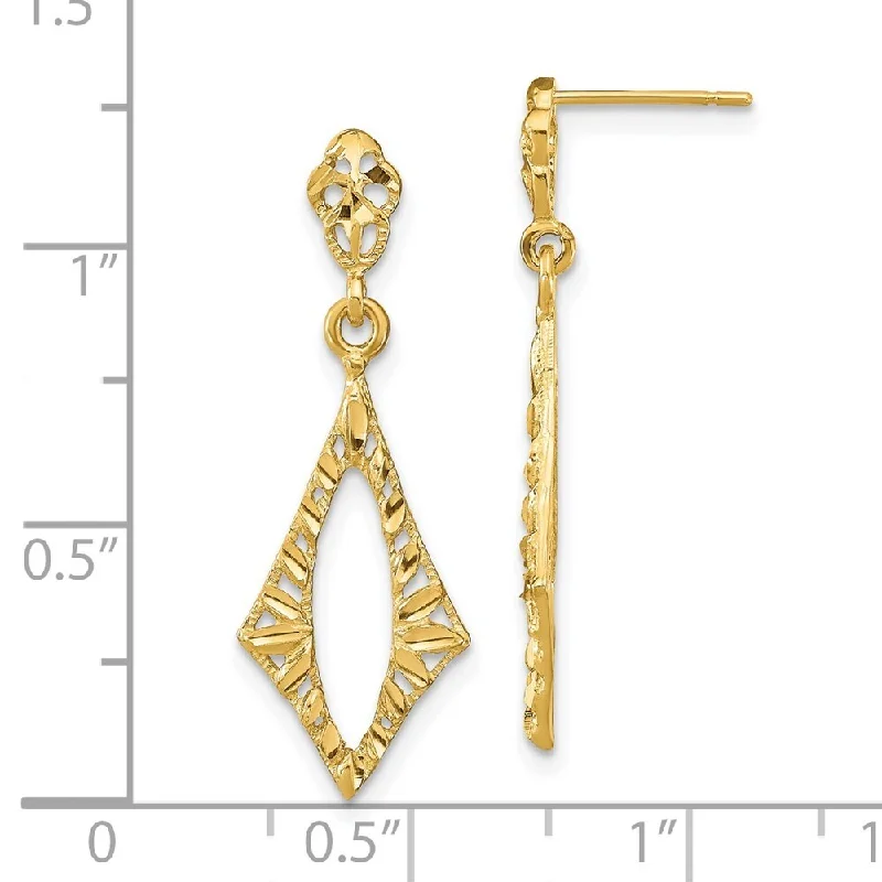 leafy-themed drop earrings-14k Yellow Gold Textured Diamond Shape Dangle Earrings (L-31 mm, W-10.5 mm)