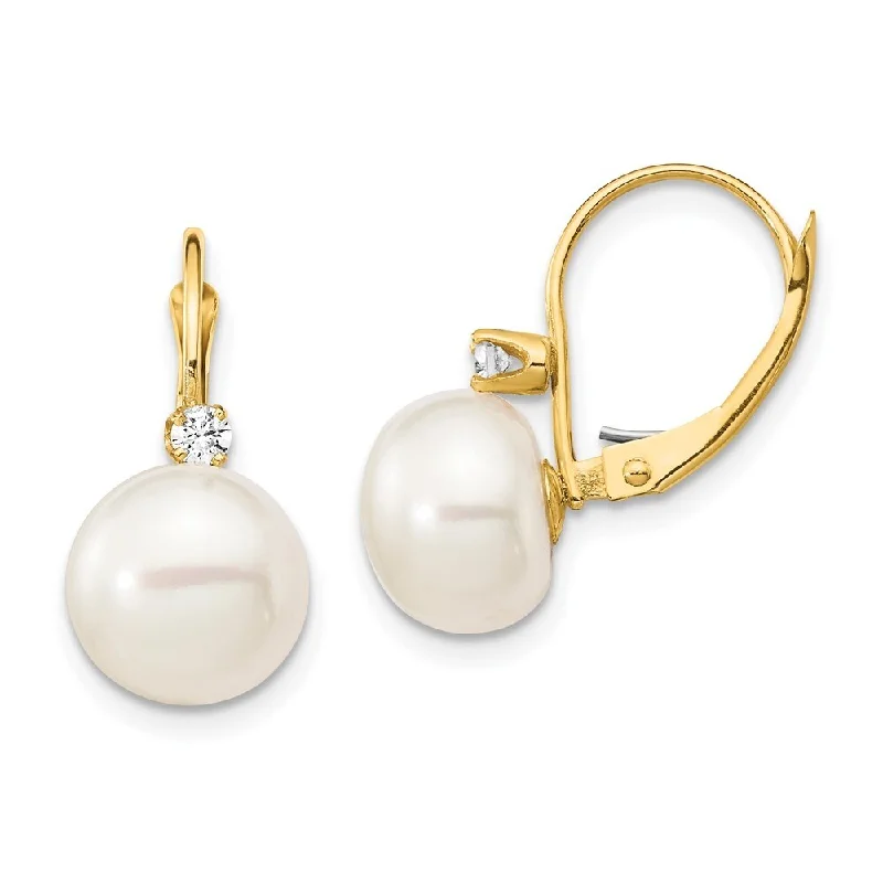 garnet drop earrings-14k Yellow Gold White Button Pearl and Diamond Dangle Earrings w/ Leverback (L-20 mm, W-10 mm)