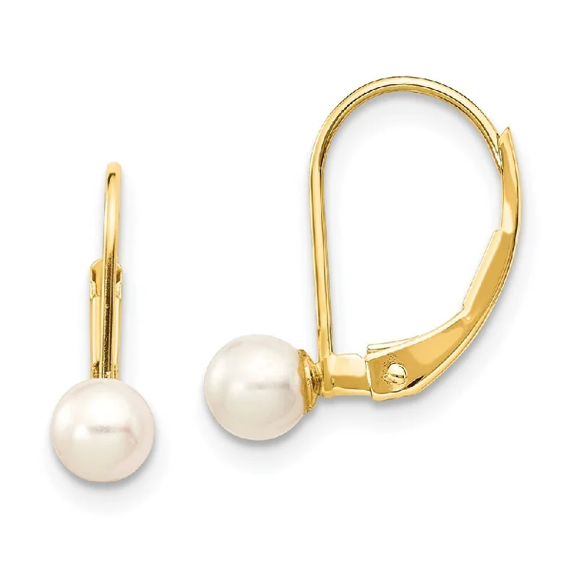 chiseled stud earrings-14k Yellow Gold White Pearl Dangle Earrings w/ Leverback (L-4 mm, W-5 mm)