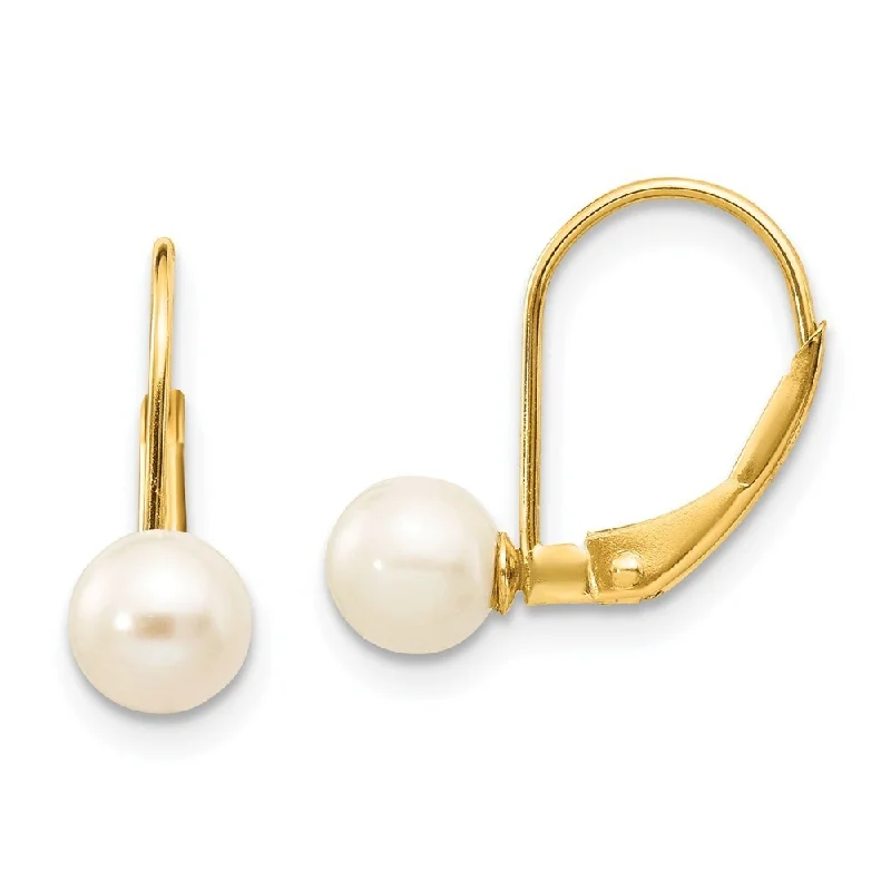 swoop hoop earrings-14k Yellow Gold White Pearl Dangle Earrings w/ Leverback (L-5 mm, W-6 mm)