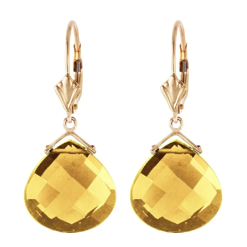 rose gold knotted earrings-17 Carat 14K Solid Gold Leverback Earrings Checkerboard Cut Citrine