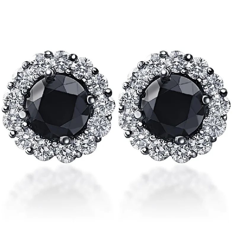 retro-style drop earrings-2 3/4 Ct Halo Black & White Diamond Studs 14k Black Gold 10mm