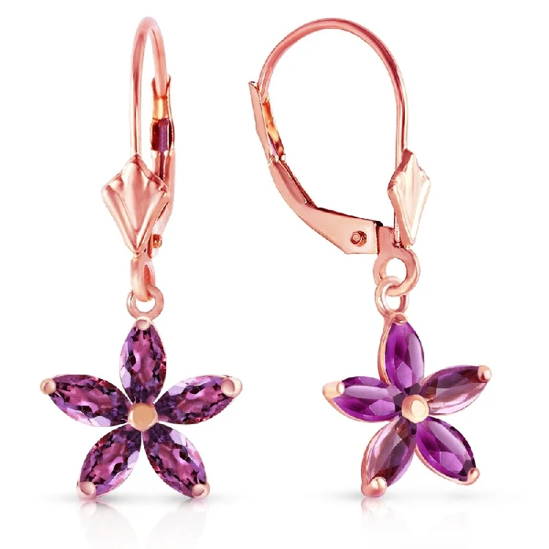 thin gemstone earrings-2.8 CTW 14K Solid Rose Gold Leverback Earrings Natural Amethyst