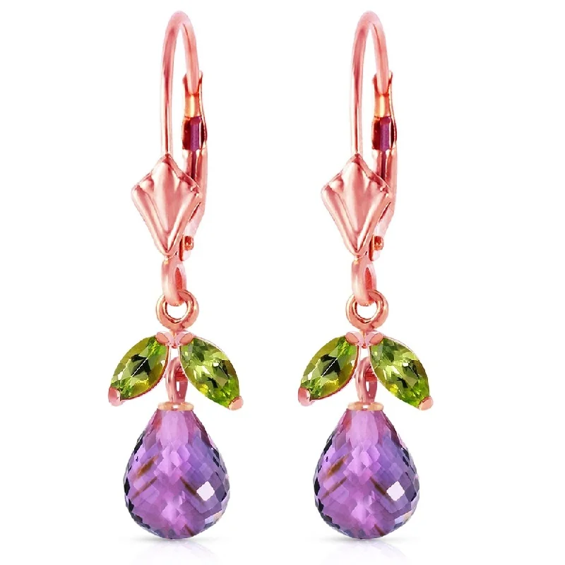 wanderlust chandelier earrings-3.4 Carat 14K Solid Rose Gold Amethyst Peridot Briolette Earrings