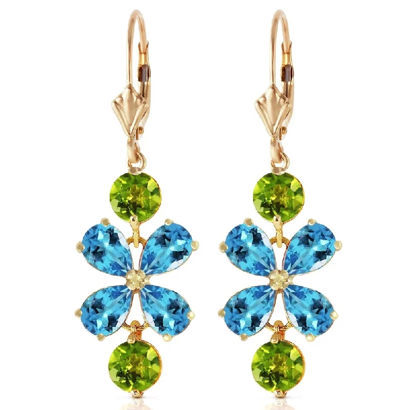 bendable gemstone earrings-5.32 Carat 14K Solid Gold Petals Blue Topaz Peridot Earrings