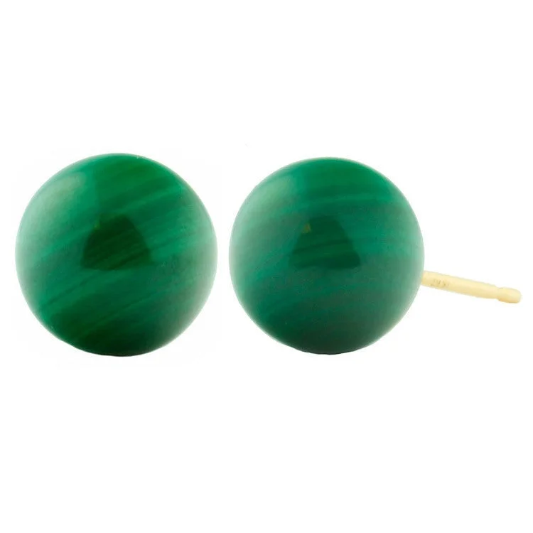 retro-style earrings-8mm Green Malachite Ball Stud Earrings 14K Yellow Gold