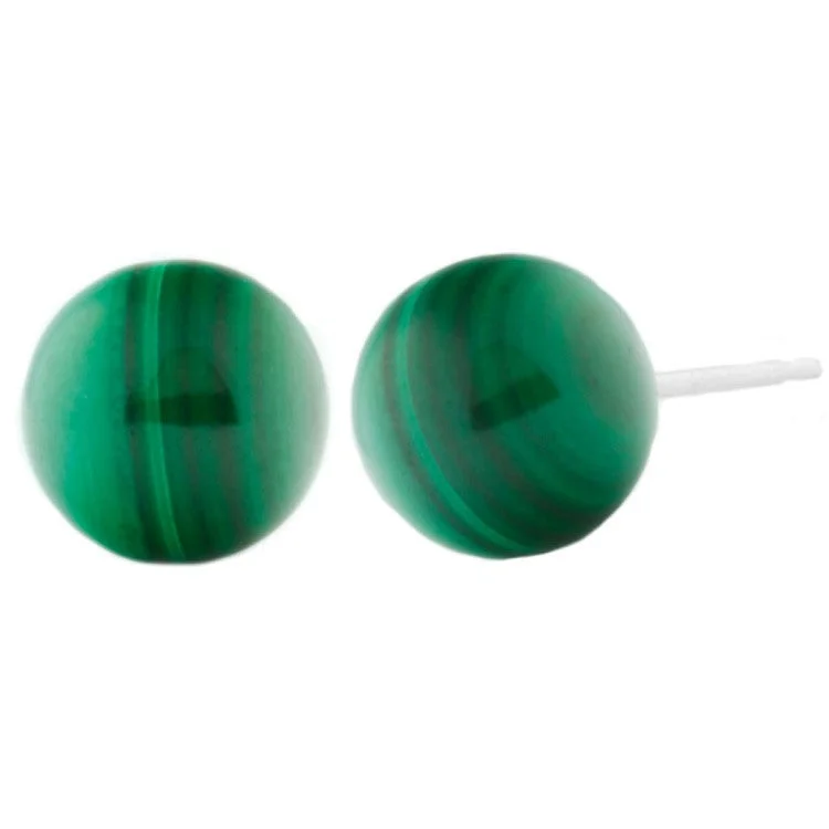 chiseled silver earrings-8mm Green Malachite Ball Stud Earrings 14K White Gold