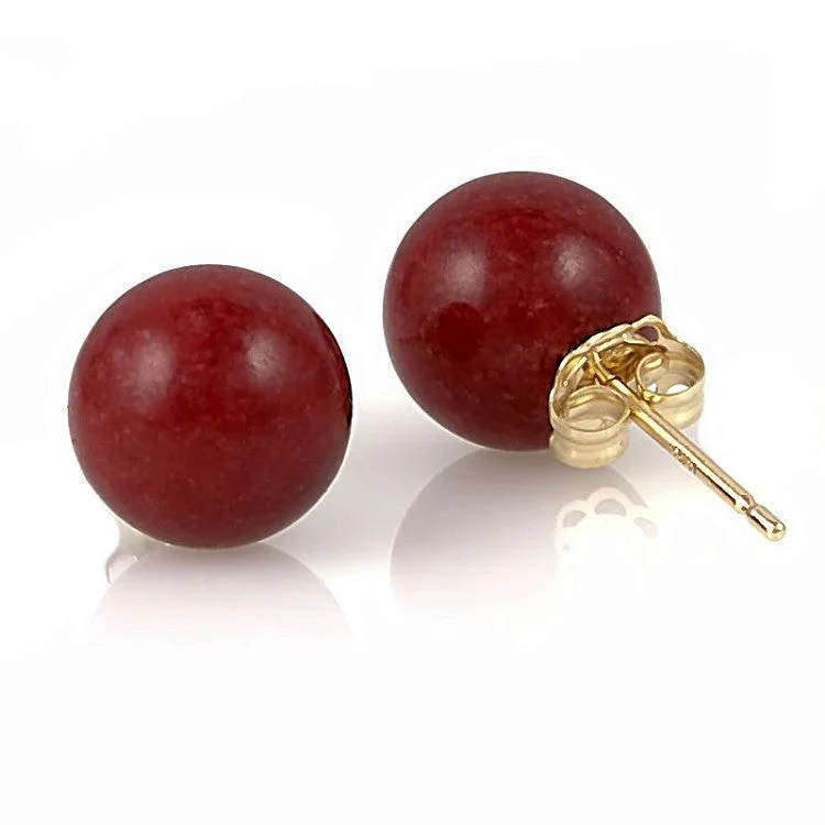 ornate trellis earrings-8mm Italian Red Coral Ball Stud Earrings solid 14K Yellow Gold