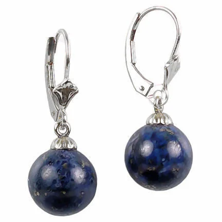 luxurious statement earrings-8mm Natural Lapis Lazuli Ball Drop Lever Back Earrings 925 Silver