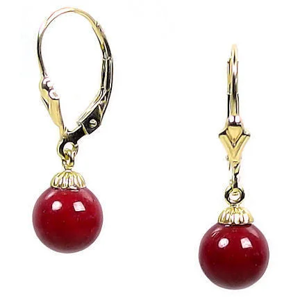 bendable silver earrings-8mm Red Coral Ball Drop Leverback Earrings 14K Yellow Gold