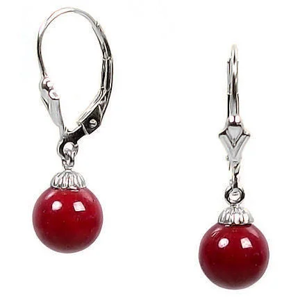 opal stone earrings-8mm Red Coral Ball Drop Leverback Earrings 14K White Gold