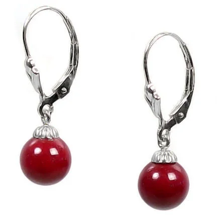 retro pearl drop earrings-8mm Red Coral Ball Drop Leverback Earrings 925 Silver